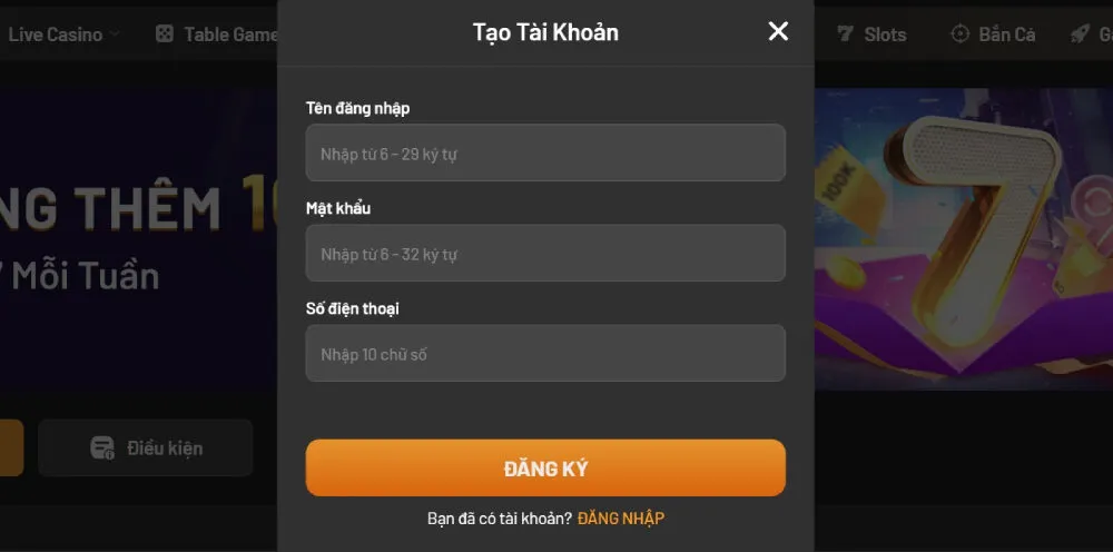 Biểu mẫu tạo tài khoản mới tại BET69